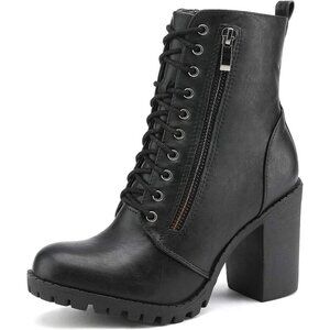 Women's Faux Leather Black Combat Ankle Chunky Heel Lace up Heeled Booties